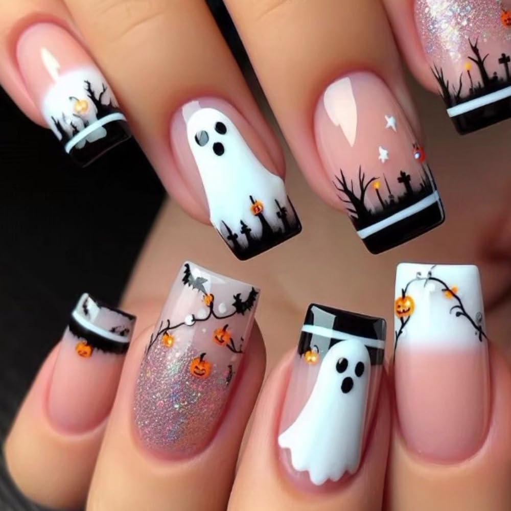 Photo 1 of 24 Pcs Halloween Press on Nails Medium Square,MINGCHUN Nail Tips Fake Nails Press ons Acrylic Nail Art Kit Supplies Full Cover Acrylic False Nails Glue Nail Stickers Decorations (Design A32)