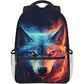 Giwawa Wolf Backpack for School, Blue Red Fire Wolf Animal Lightweight Sports Bookbags Shoulder Pack Laptop Casual Daypack Travel Bag for Women Men Boys Girls Teens Students
