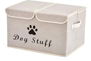 Geyecete Large Storage Boxes - Large Linen Fabric Foldable Storage Cubes Bin Box Containers with Lid and Handles for Dog Apparel & Accessories, Dog Coats, Dog Toys, Dog Clothing(Beige)
