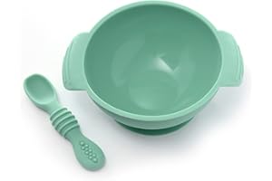 PrimaStella Unbreakable Silicone Non-Slip Bowl and Chew Spoon Set for Babies and Toddlers (Dark Green)