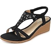 TEMOFON Women's Low Wedge Heels Summer Dressy Platform Sandals Elastic Ankle Strap Open Toe Flower Shoes