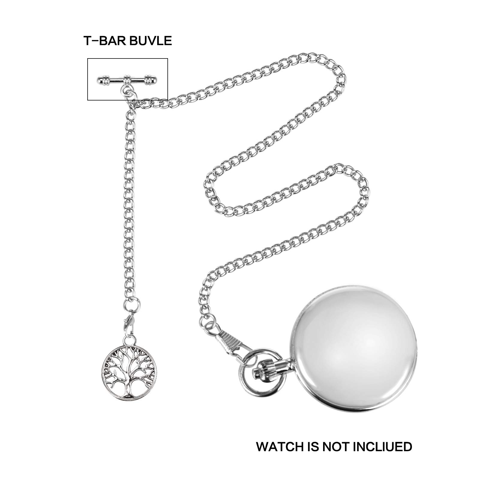 TREEWETO Men's Albert Chain Pocket Watch Curb Link Key Chain 2 Hooks with Antique Life Tree Pendant Design Charm Fob T Bar