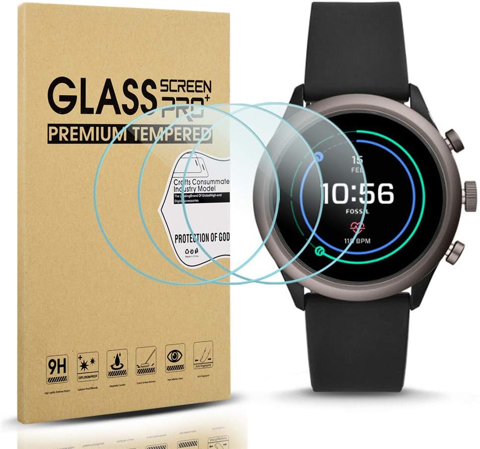 Diruite Diruite 3-Pack for Fossil Sport 43mm 2018 Screen Protector Tempered Glass for Fossil Sport 43mm Gen 4 Watch [2.5D 9H Hardness] [Anti-Scratch] [Bubble-Free] - Permanent Warranty