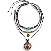 ZZQPSD Peace Sign Pendant Necklace Layered Puka Shell Turquoise Boho 1960s 1970s Hippie Party Accessories Necklaces