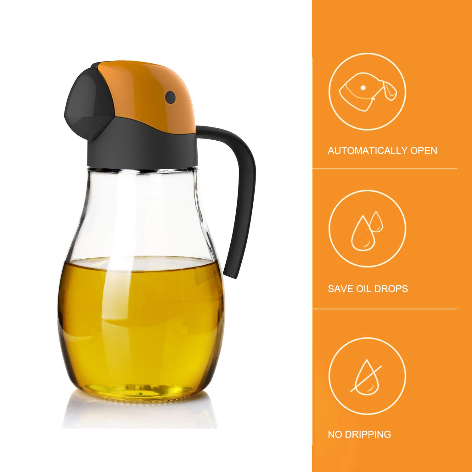 Tuksik Olive Oil Dispenser Bottle with Automatic Cap 20oz Glass Oil and Vinegar Dispenser Bottle for Kitchen,No Drip with Precise-Pour Spout Lovely Parrot Design (Orange-20oz)