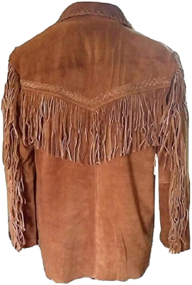 SRHides Mens Western Fringed & Bone Beaded Suede Leather Jacket Leather