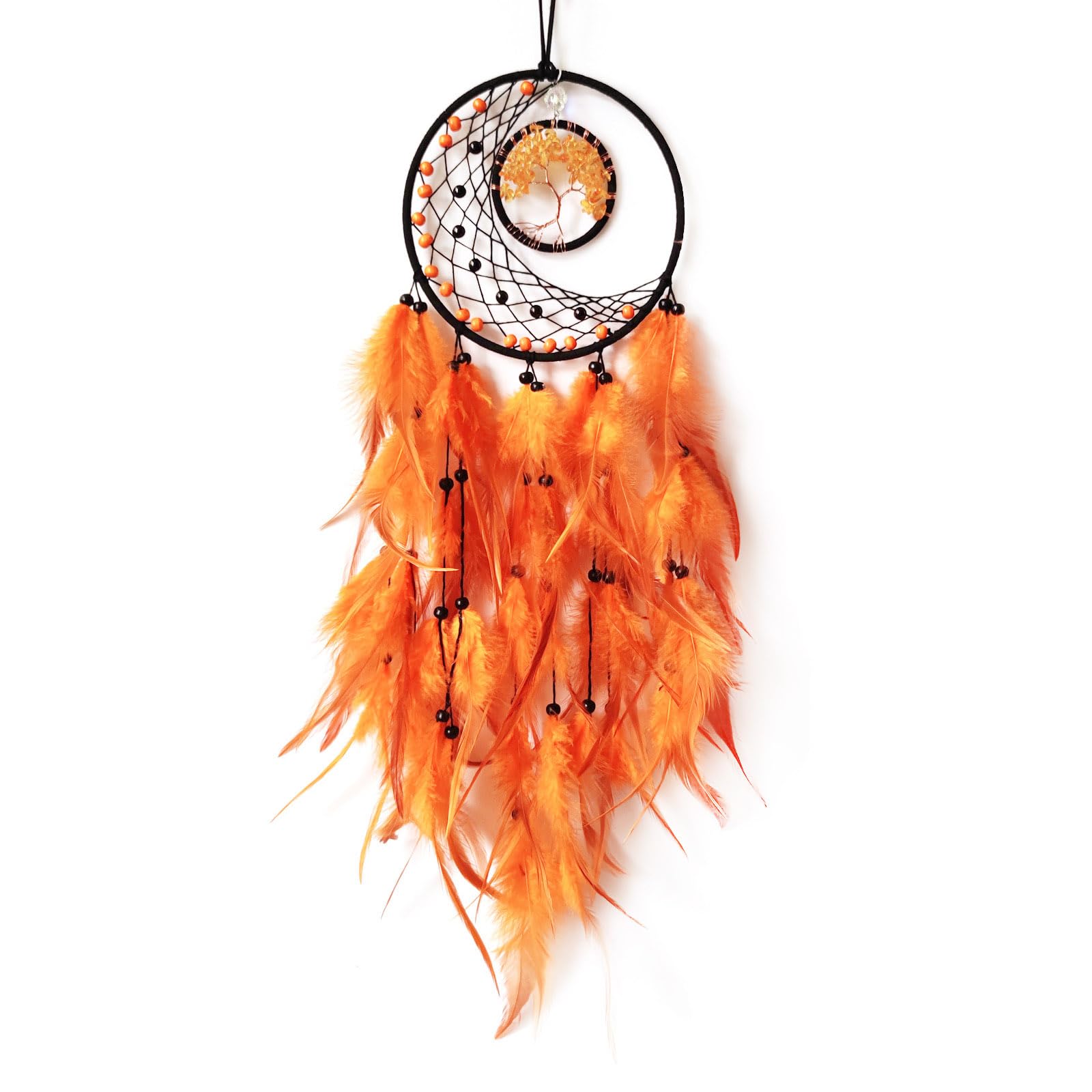 Donko Orange Dream Catcher Wall Decor Crystal Tree of Life Dream Catchers Handmade Feather Dreamcatcher Wall Hanging Ornament for Bedroom Living Room Home Decor
