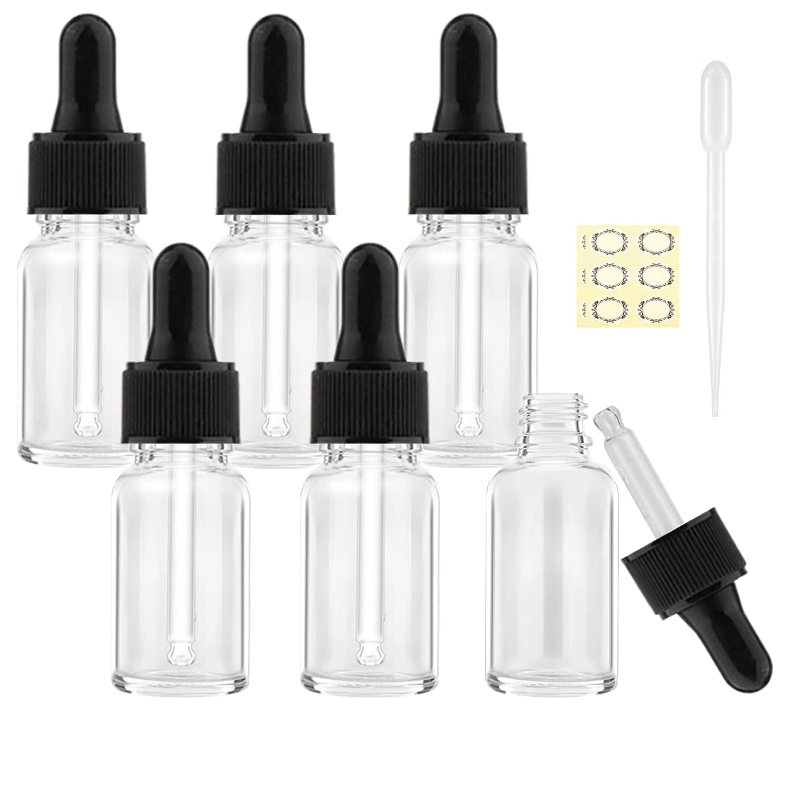 Alledomain 6Pcs, 10ml Transparent Glass Bottles with Dropper Pipettes, Mini Empty Dropper Bottles Black Plastic Cap Refillable Clear Sample Container for Essential Oil/Massage Oil/Chemical Liquid