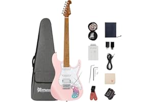Bullstar Smart Electric Guitar Kit with Effects System D160SE, SSH Pickup, Loop Drum Machine, Roasted maple Fretboard, All-In-One Performance for Guitarist (pink)
