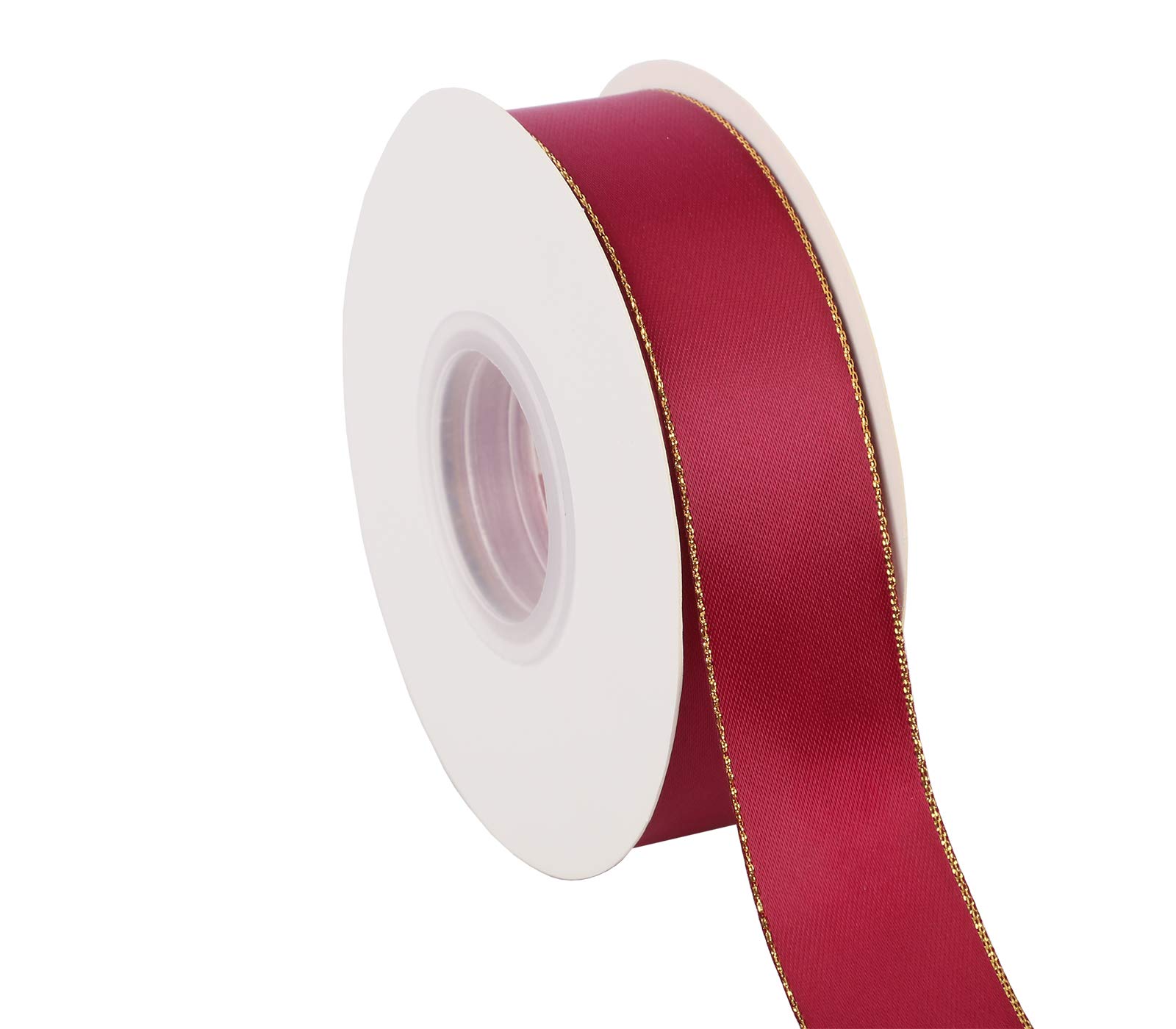 ITIsparkle 25mm Width Double Faced Satin Ribbon 22 Meters with Gold Edges, 25mm X 25M - Wine