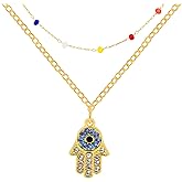 MUNORIAY Hamsa Hand of Fatima Necklace: 18K Gold Plated Cubic Zirconia Dainty Blue Evil Eye Fatima's Hand Pendant Double-Layer Choker Bead Necklaces Protection Jewelry for Women Eid al Fitr Gifts