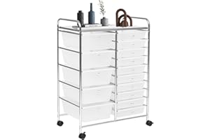 SILKYDRY 15 Drawers Rolling Storage Cart, Craft Cart Organizer with Lockable Wheels for Tools, Arts, Scrapbook, Papers, Multipurpose Utility Cart for Home Office School (Clear)