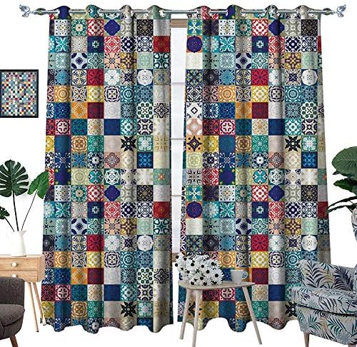 homehot Moroccan Window Curtain Drape Oriental Eastern Pattern with Grid Style Patchwork Ornament Tiles Design Asian Decorative Curtains for Living Room Multicolor