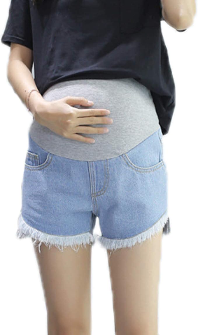Kewing Shorts Maternidad Rasgados: Denim Elástico Con Cinturón Ajustable Para Embarazadas (Verano)