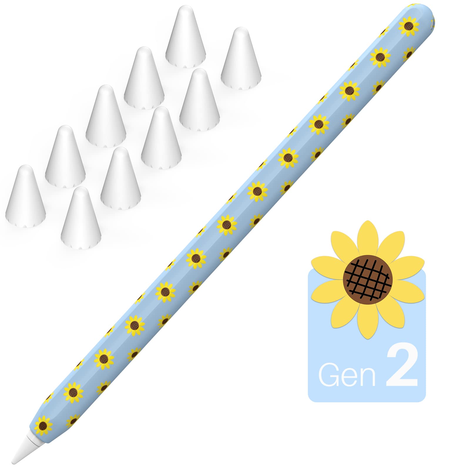 NIUTRENDZ Sunflower iPencil Case for iPencil 2nd Generation Case Cover Silicone Protective Sleeve Skin with 10pcs iPencil Tips Cover (Apple Pencil 2nd Generation, Blue)