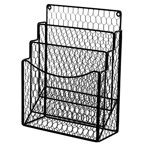 MyGift Black Chicken Wire Magazine Rack, Wall Mount 3 Slot Document