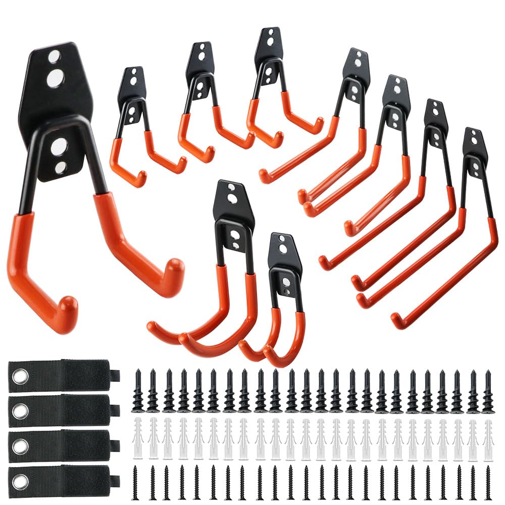 VonLux 10Pcs Heavy Duty Garage Hooks and 4Pcs Storage Straps, Utility Double Hooks Shed Garage Storage Hooks, 5 Sizes Wall Mounted Garage Hangers for Hanging Ladder Bike Garden Tool Hose