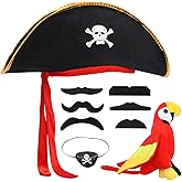 JUUDDENPARTS Pirate Captain Costume Accessory Set - 9 PCs Premium Adult Dress Up, Includes Velour Skull Hat, Shoulder Parrot, Eye Patch & Mustaches for Halloween, Cosplay, Themed Events