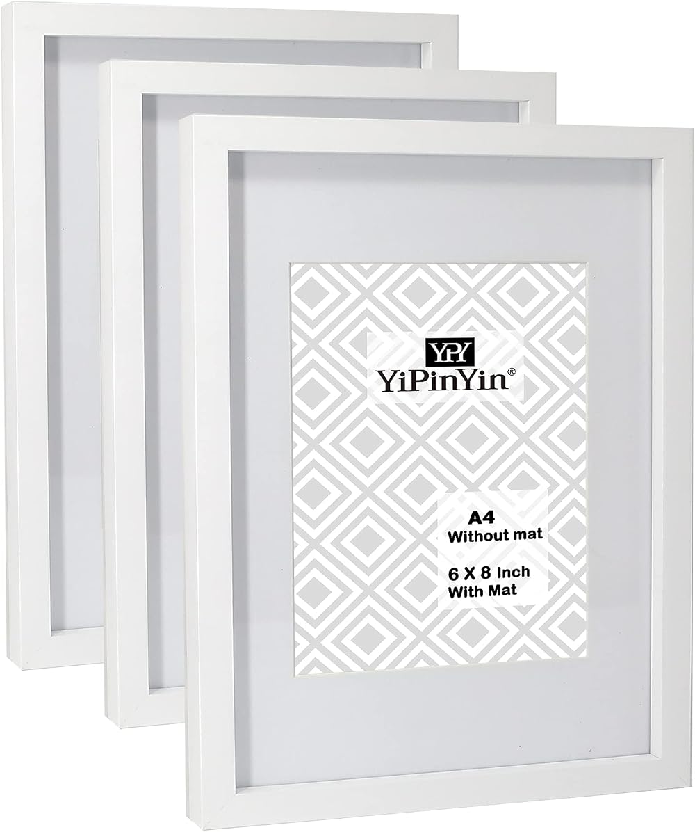 YiPinYin White A4 Picture Frames Set of 3 with A5 Mounts Bevel Cut Gallery