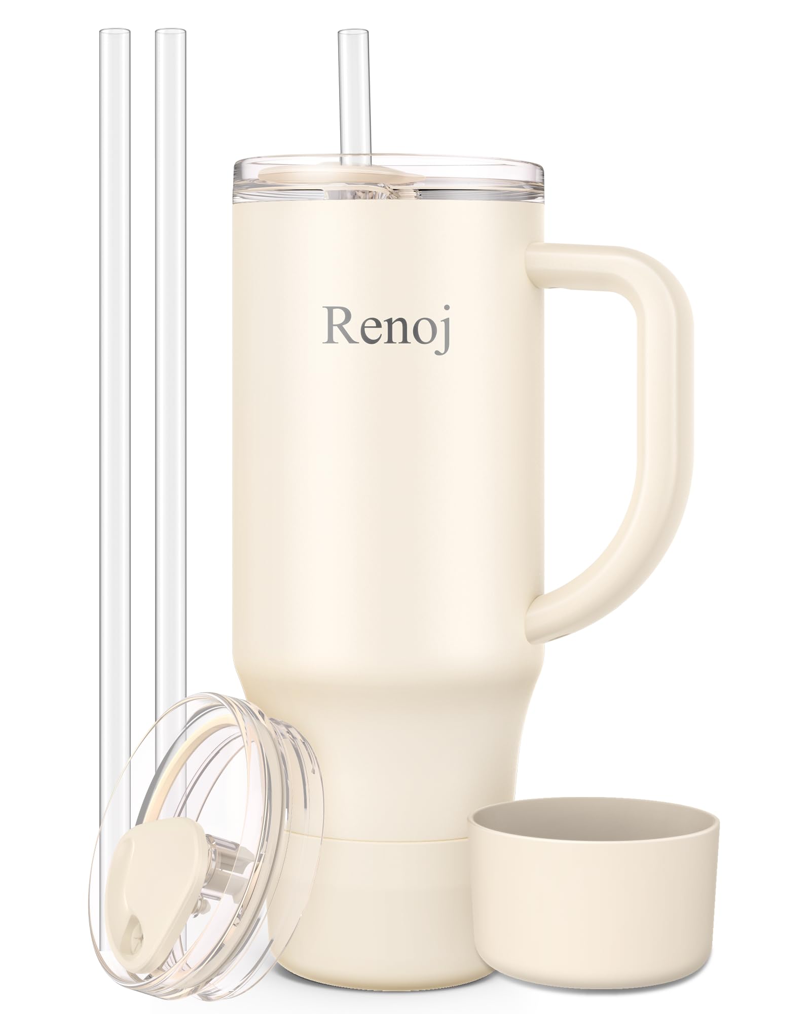 Renoj Insulated Mug 100% Spill Resistant Insulated Water Bottle for Iced Coffee & Hot Drinks - Fits Car Cup Holder, Ideal Gift, 2 Straws & Silicone Boot - FlexSlide White 32 oz Image