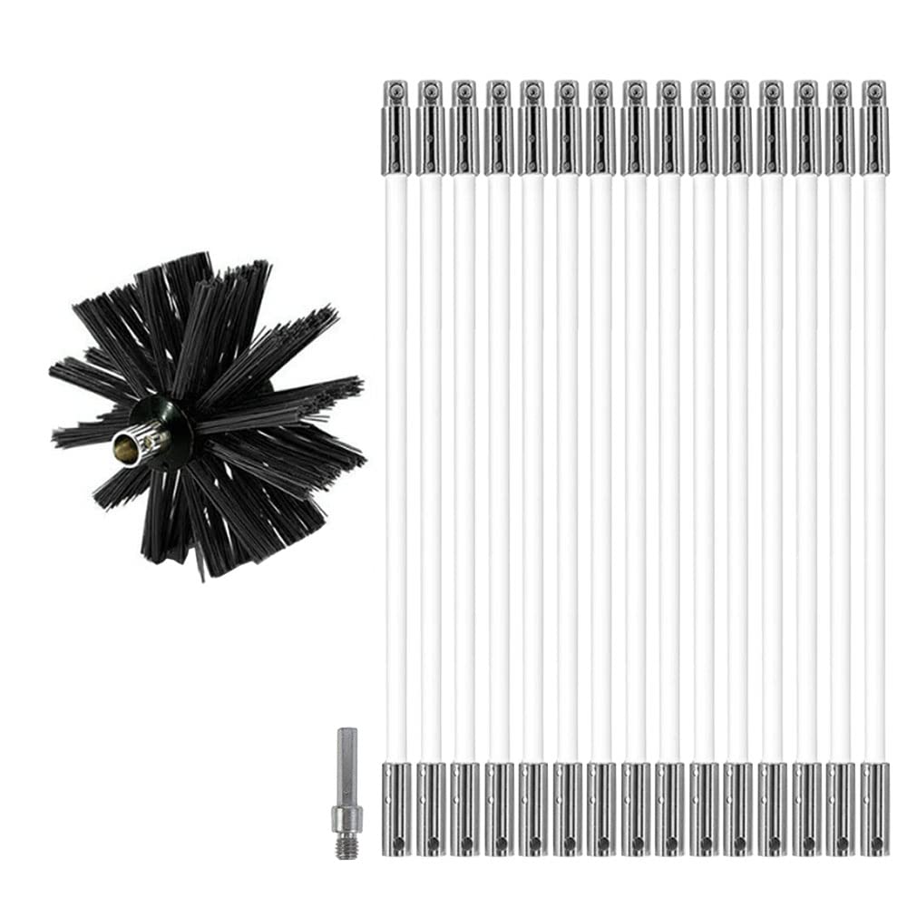 MOCNT Chimney Cleaning Brush Kit Nylon Rotary Duct Vent Cleaning Set Flexible Chimney Sweep Kit Soot Cleaning Rods for Fireplace Dryer Vent with 15 Flexible Rods 1 Brush Head