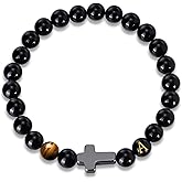 Mens Cross Bead Bracelet with Initials, Christian Rosary Obsidian A-Z Letter Black Onyx Tigers Eye Beaded Bracelet, Faith Religious Easter Catholic Communion Baptism Christmas Jewelry Gift for Men