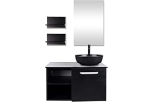 Puluomis 28 Inch Bathroom Vanity, Modern Lavatory Wall Mounted Wood Cabinet, with Mirror, Wood Black Fixture, Round Black Ceramic Porcelain Sink Top with Single Faucet Hole