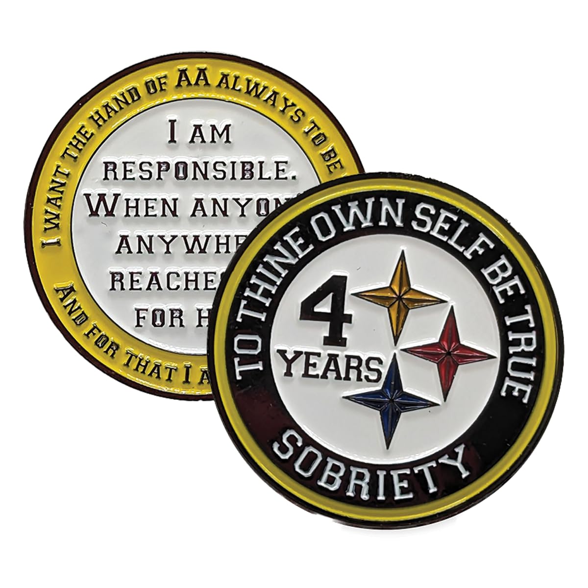 "Black and Gold Recovery Medallion in Years 1-50 with Alcoholics Anonymous Responsibility Pledge " (Year 4)