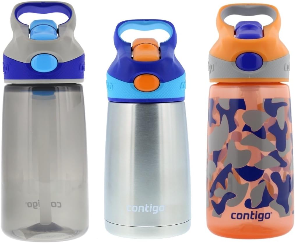 Tigo Contigo Kids Autospout Striker & Chill Water Bottle Set - One 414mL Smoke Camo Striker Bottle, One 295mL Chill Stainless Steel Sapphire Chill Bottle & 414mL Nectarine Camo Striker Bottle
