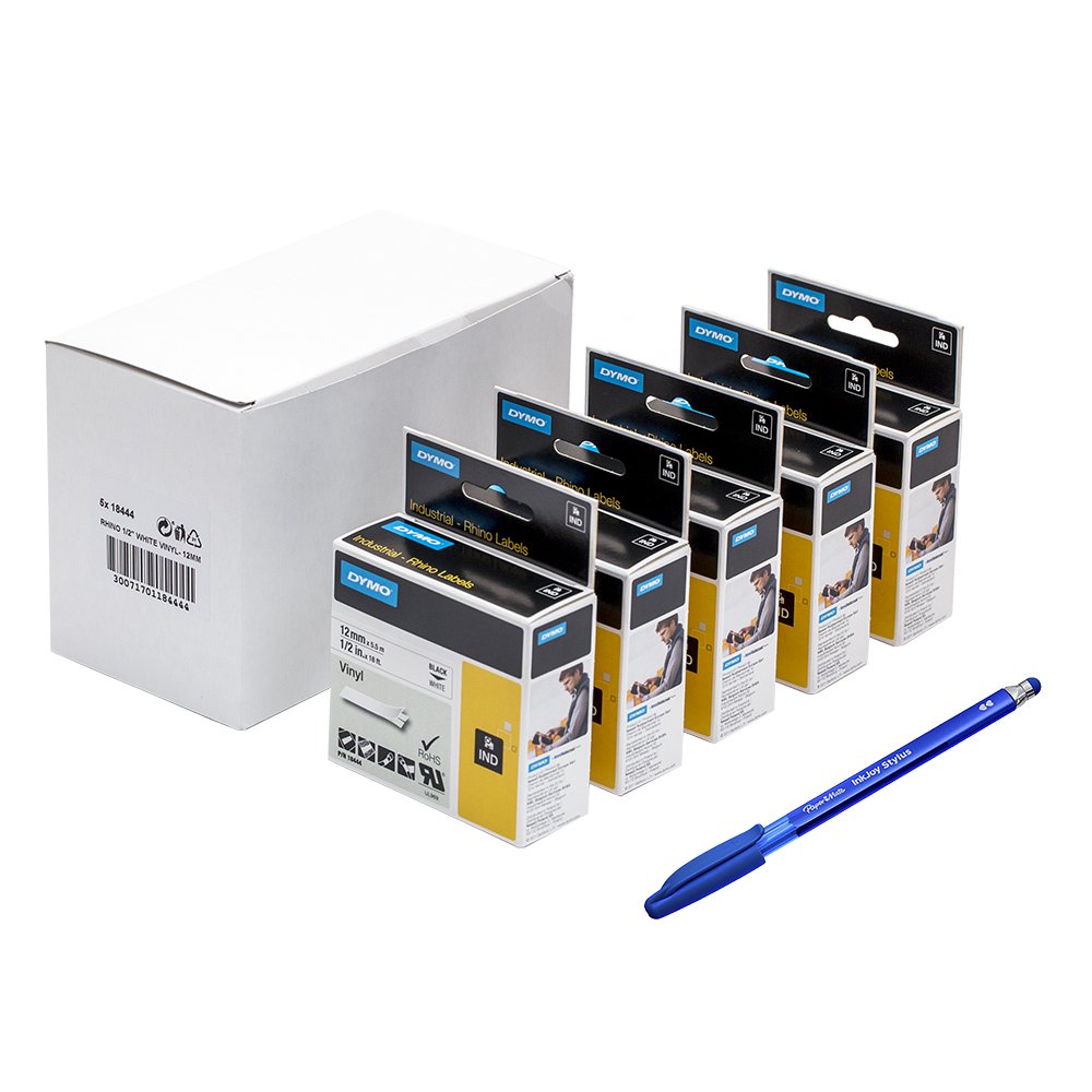 5 x Dymo 18444 Rhino Industrial Vinyl Labels , Self-Adhesive - 12 mm x 5.5 m Roll, Black Print on White + PaperMate Pen Gift