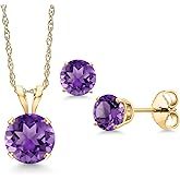 Gem Stone King 14K Yellow Gold Purple Amethyst Pendant Earrings Jewelry Set For Women | 1.50 Cttw | Gemstone February Birthstone | Round 6MM | with 18 Inch Gold Chain
