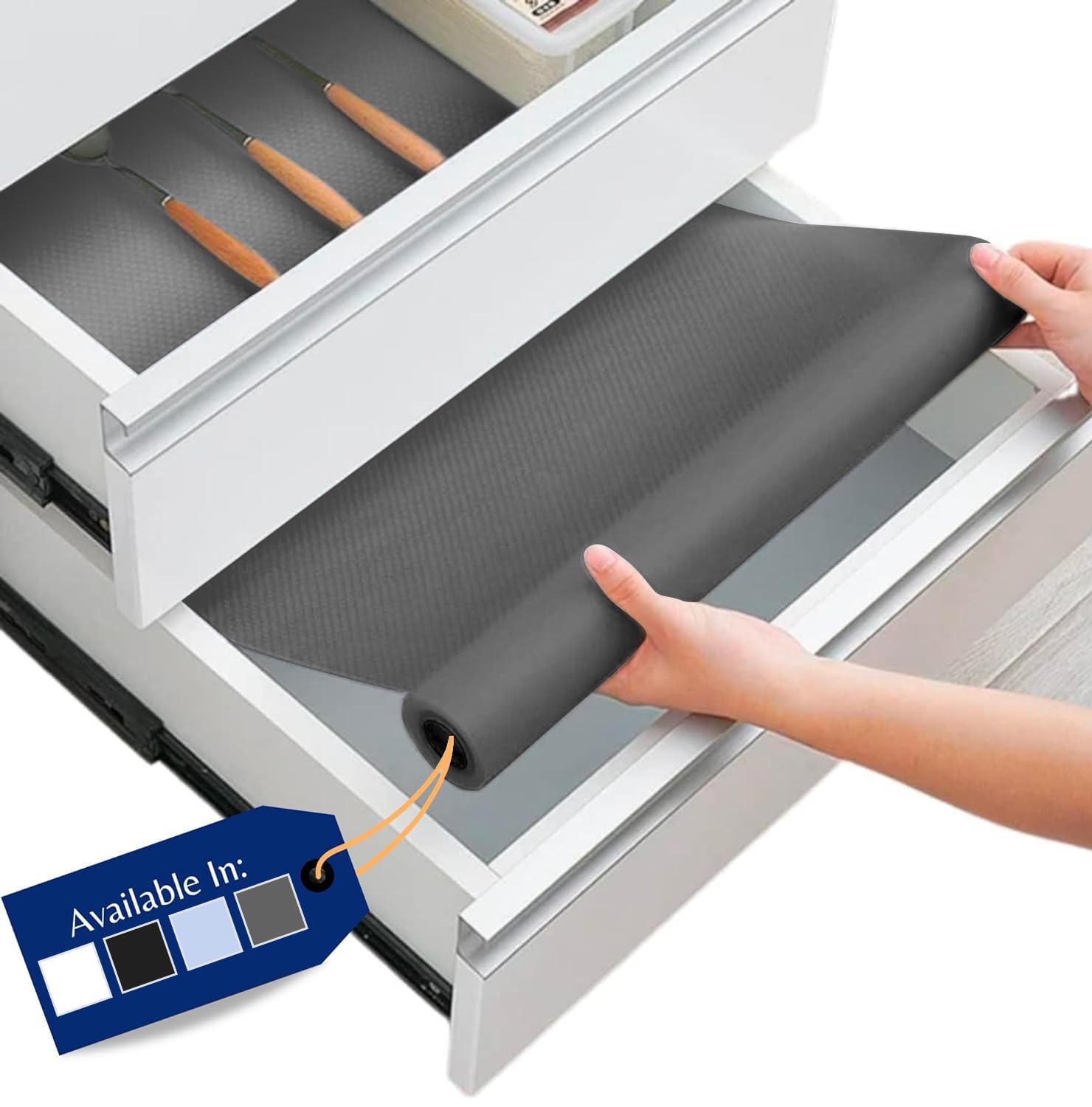 Linda's Essentials Kitchen Drawer Liners (44.5 x 200 cm) - Non-Slip Cupboard & Fridge Mats, Protects from Spills, Multi-Use Shelf & Cabinet Liner, Great Kitchen Accessory (Grey)