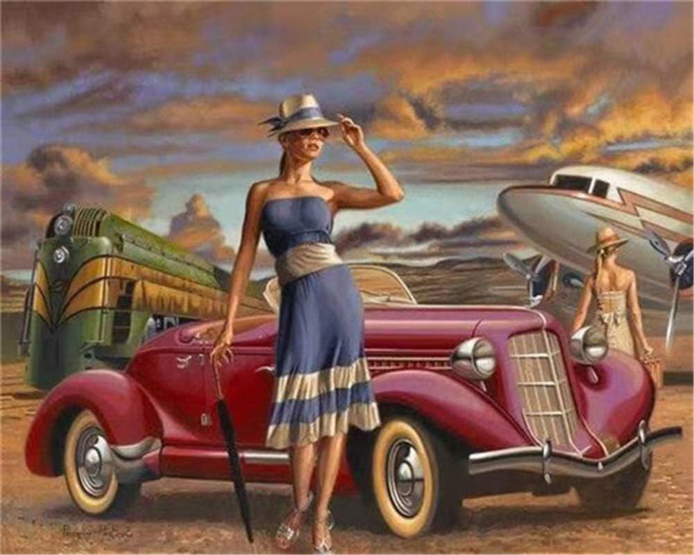 YEESAM ART Stationery Woman Red Car, Paint by Numbers 16x20 inch DIY Painting Kits for Home Wall Decor (Red, Framed)