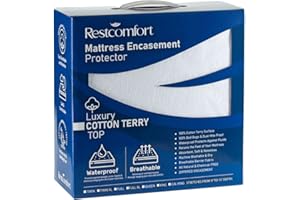 Luxury Cotton Terry Zippered Mattress Protector and Encasement - Bed Bug Dust Mite Proof, Hypoallergenic, Water Resistant - Rest Comfort (Queen, Stretches 9”-15 Depth)