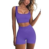 QINSEN Workout Sets for Women 2 Piece Seamless Ribbed Crop Tank High Waist Shorts Yoga Outfits