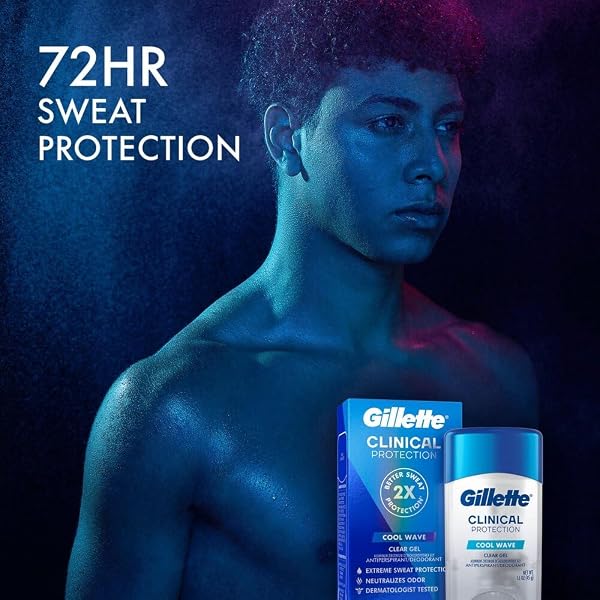 GILLETTE CLINICAL ANTIPERSPIRANT AND DEODORANT FOR MEN, 72HR SWEAT & ODOR PROTECTION, LONG LASTING FRESHNESS, ANTI-WHITE MARK TECHNOLOGY, CLEAR GEL, COOL WAVE SCENT, 1.6 OZ (PACK OF 3)
