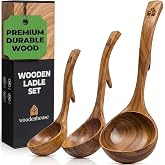 Wooden Ladle for Soup, 3 Size Teak Wood Ladle Spoon with Back Hooks | Non-Stick Set for Pot &amp; Bowl &ndash; for Cooking, Serving &amp; Stirring, Natural &amp; Food-Safe
