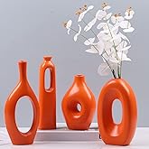 Orange Ceramic Vase Set of 4 – Modern Boho Round Hollow Vases for Pampas Grass, Flowers or Greenery – Small Minimalist Vases for Living Room, Mantel, Coffee Table, Entryway or Bookshelf Decor