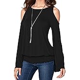 Womens Cold Shoulder Bell Long Sleeve Tops Sexy Dressy Casual Scoop Neck Banded Bottom Shirts Blouse