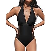 CUPSHE Women's One Piece Swimsuit V Neck Bathing Suit Mesh Halter Straps Adjustable Self Tie Swimwear Cutouts