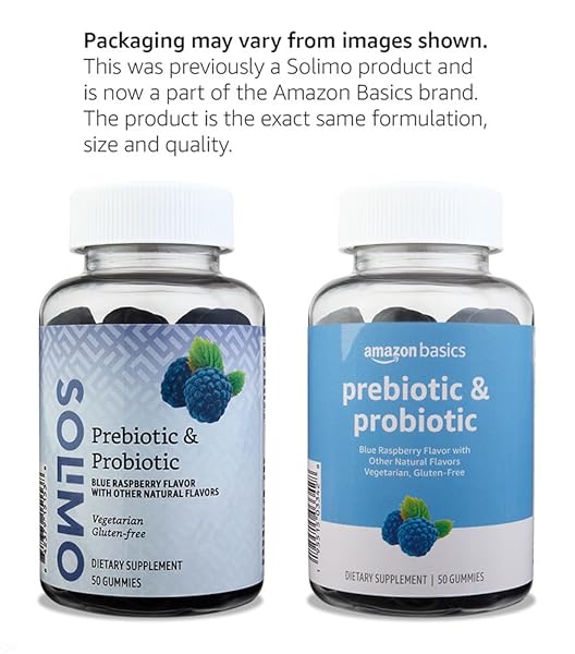 AMAZON BRAND – SOLIMO PREBIOTIC & PROBIOTIC GUMMIES, 2 BILLION CFU, BLUE RASPBERRY, 50 COUNT (2 PER SERVING)