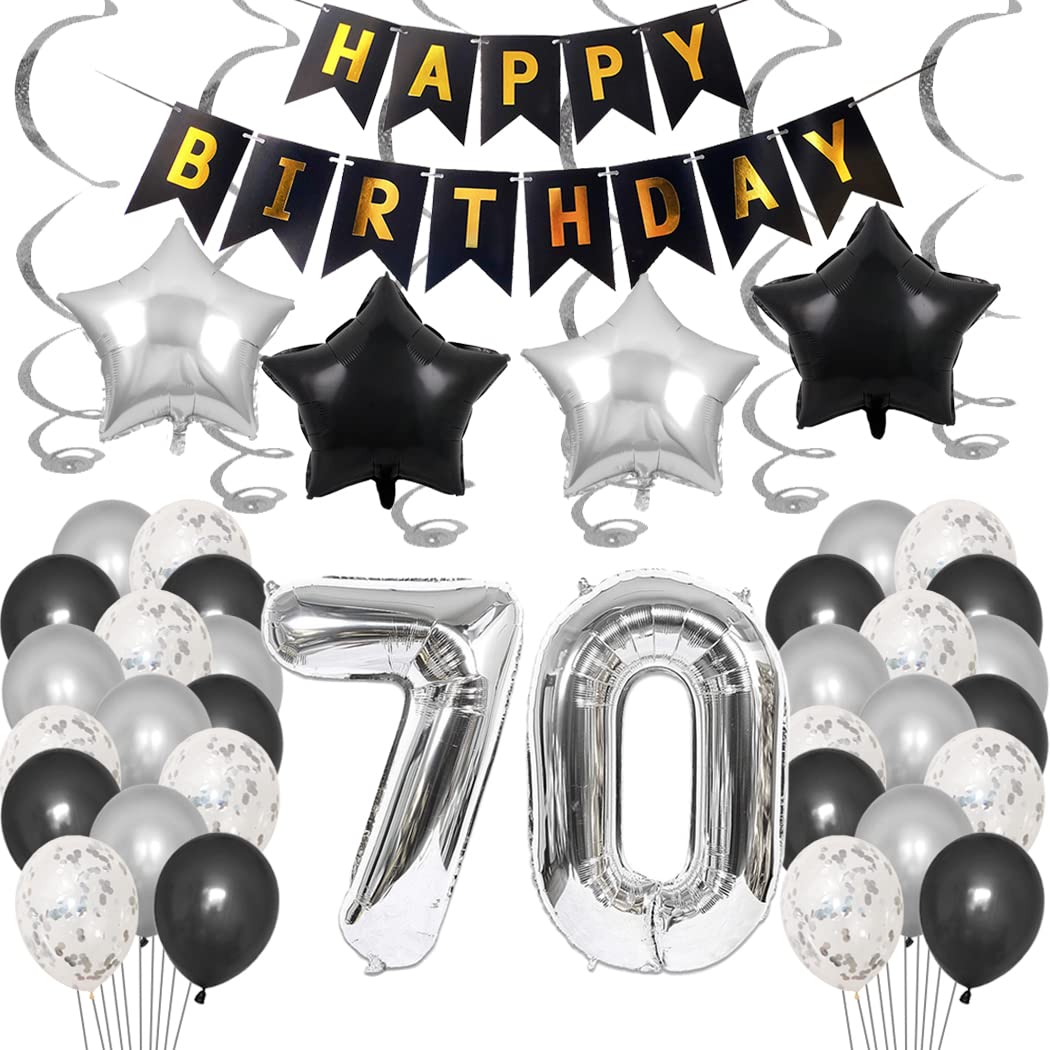 Borsgye 70th Birthday Party Decorations Set for Girl Boy Women Men Black HAPPY BIRTHDAY Letter Banner Foil Star Balloons Confetti Latex Balloons Hanging Swirl with Silver Giant Number 70 Balloon