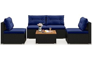 Tangkula 5 Piece Rattan Sofa Set, Outdoor Wicker Furniture Set w/Seat & Back Cushions, Square Coffee Table, Patio Sofa Set for Backyard, Poolside (Navy)