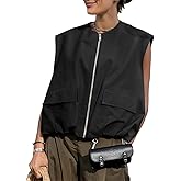PAODIKUAI Women's Casual Zip Up Vest Cargo Ruched Hem Lightweight Sleeveless Blazer Oversized Jackets Top with Pockets