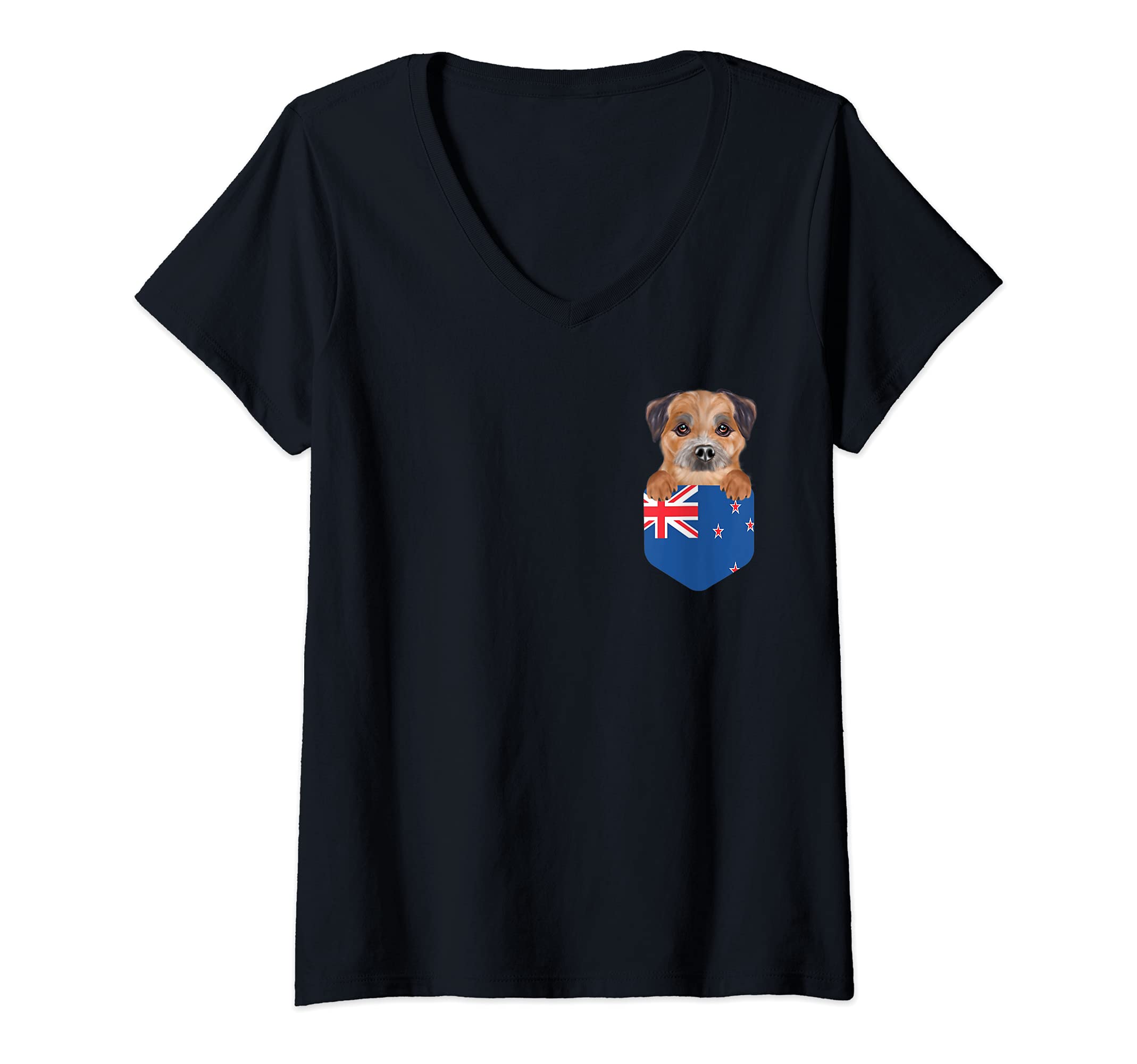 Womens New Zealand Flag Border Terrier Dog In Pocket V-Neck T-Shirt