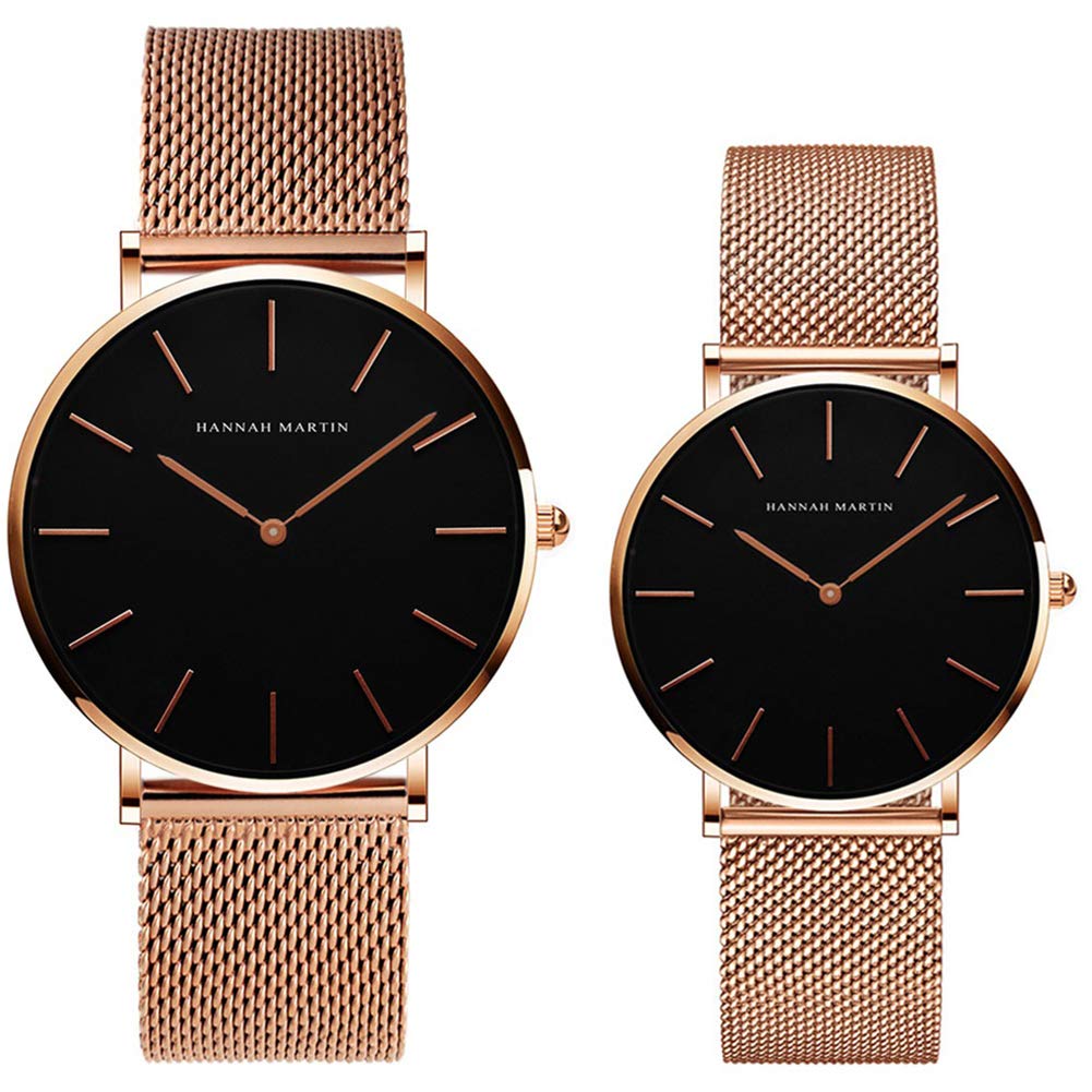 Kubagom Ultra Thin Stainless Steel Mesh Band Waterproof Quartz Couple Wrist Watch (Black Dial, Rose Gold-Tone Band)
