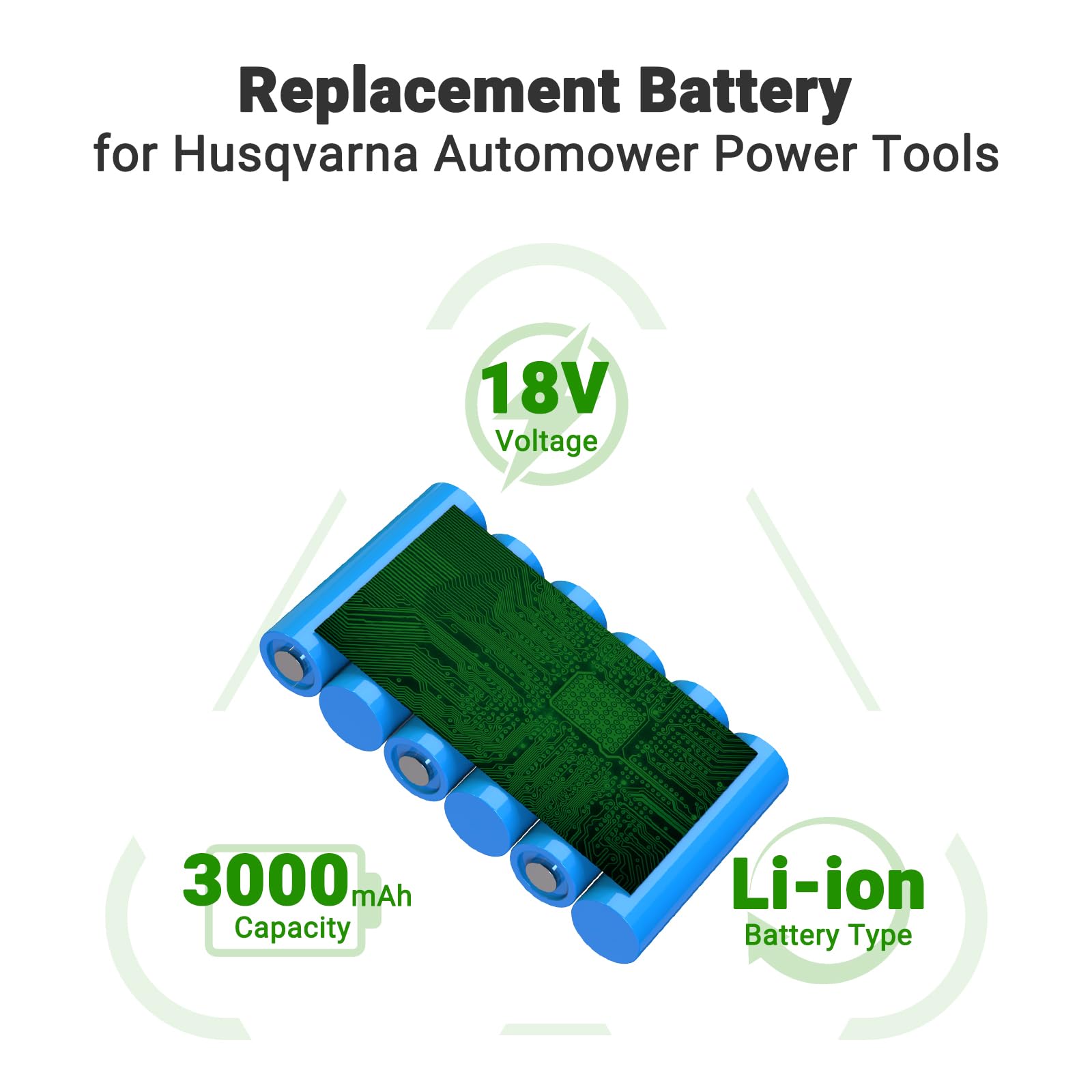 18V 3000mAh Ersatz Li-ion Akku für Husqvarna Automower 115H/305/310/315/520, Limited 2020, Sileno City 2018/250/400/500, Sileno Life 1000/1250/2019/750/850, Sileno+ R100Li/+ R130Li/R160Li 2