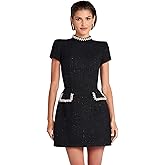 ANKOMINA Women's Beaded Tweed A-Line Mini Dress Sparkly Short Sleeve Pearl Mock Neck Dress with Pockets for Party Evening