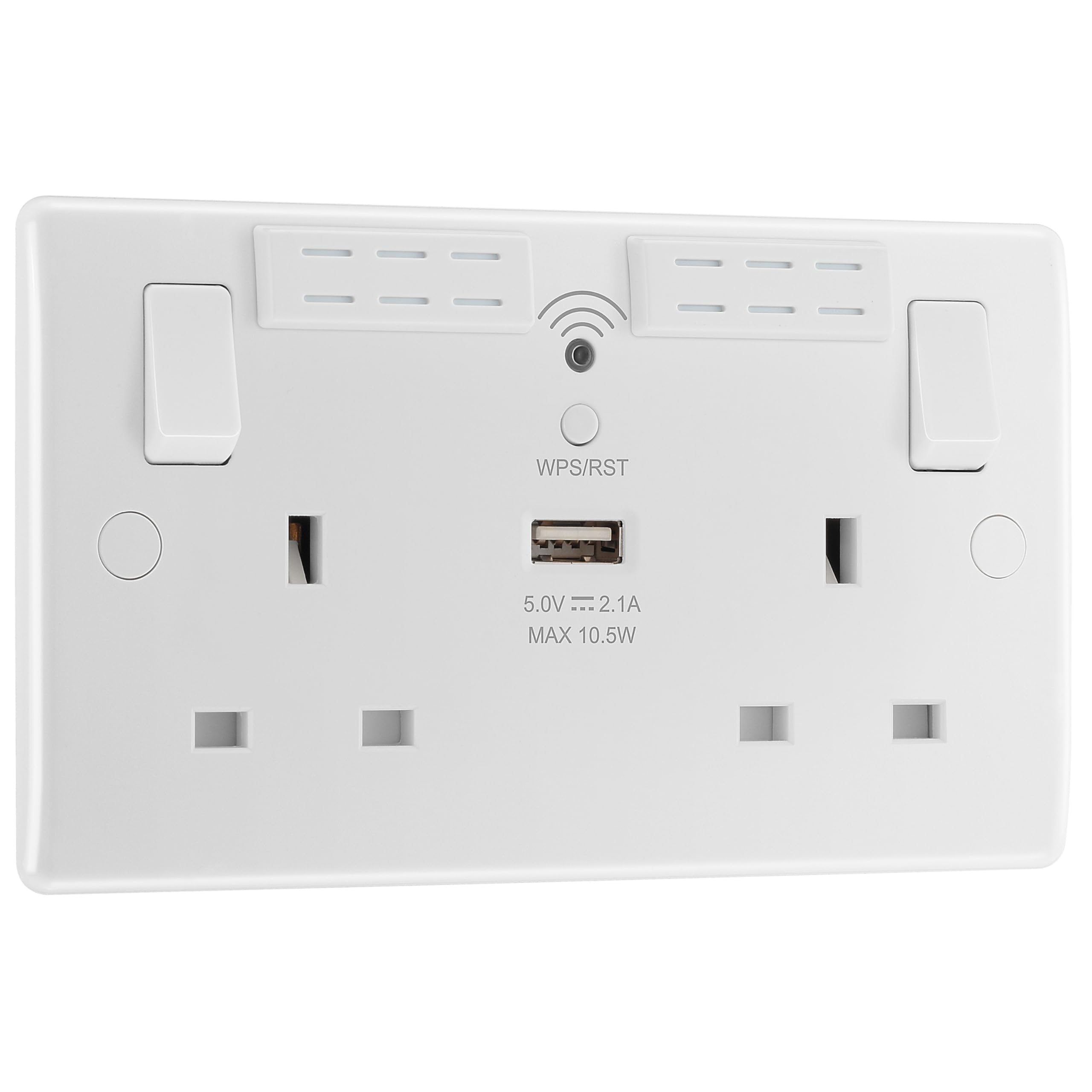 BG Electrical Double Switched Power Wall Plug Socket with Type A USB and Wi-Fi Extender, Round Edge, Nexus 800 Series, White Moulded, 13A, 822UWR