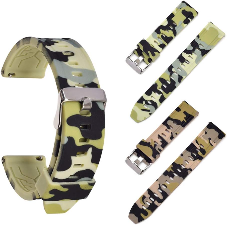[2-Pack] Watch Band Compatible with Samsung Galaxy Watch 42mm and Active 2 40mm 44mm Strap 20mm Quick Release Soft Silicone Camouflage Replacement Wrist Belt for Men (Light Brown+Light Green, 20mm)